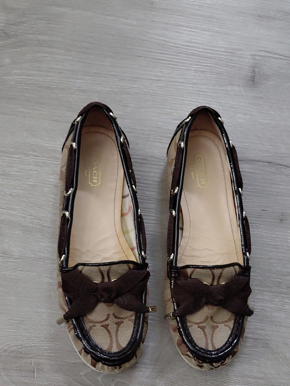 Coach Brown Signature Canvas Bow-Trim Loafers